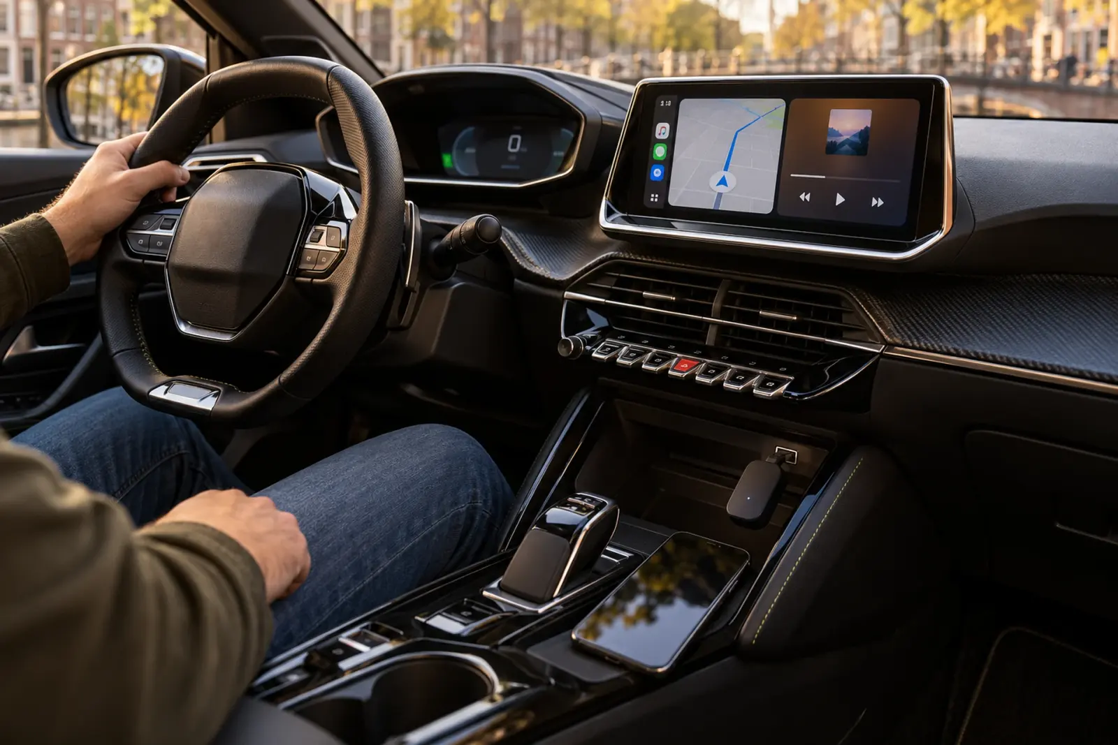 Draadloze Android Auto-adapter in de USB-poort van een Peugeot in Tilburg, met de navigatie van Android Auto op het scherm