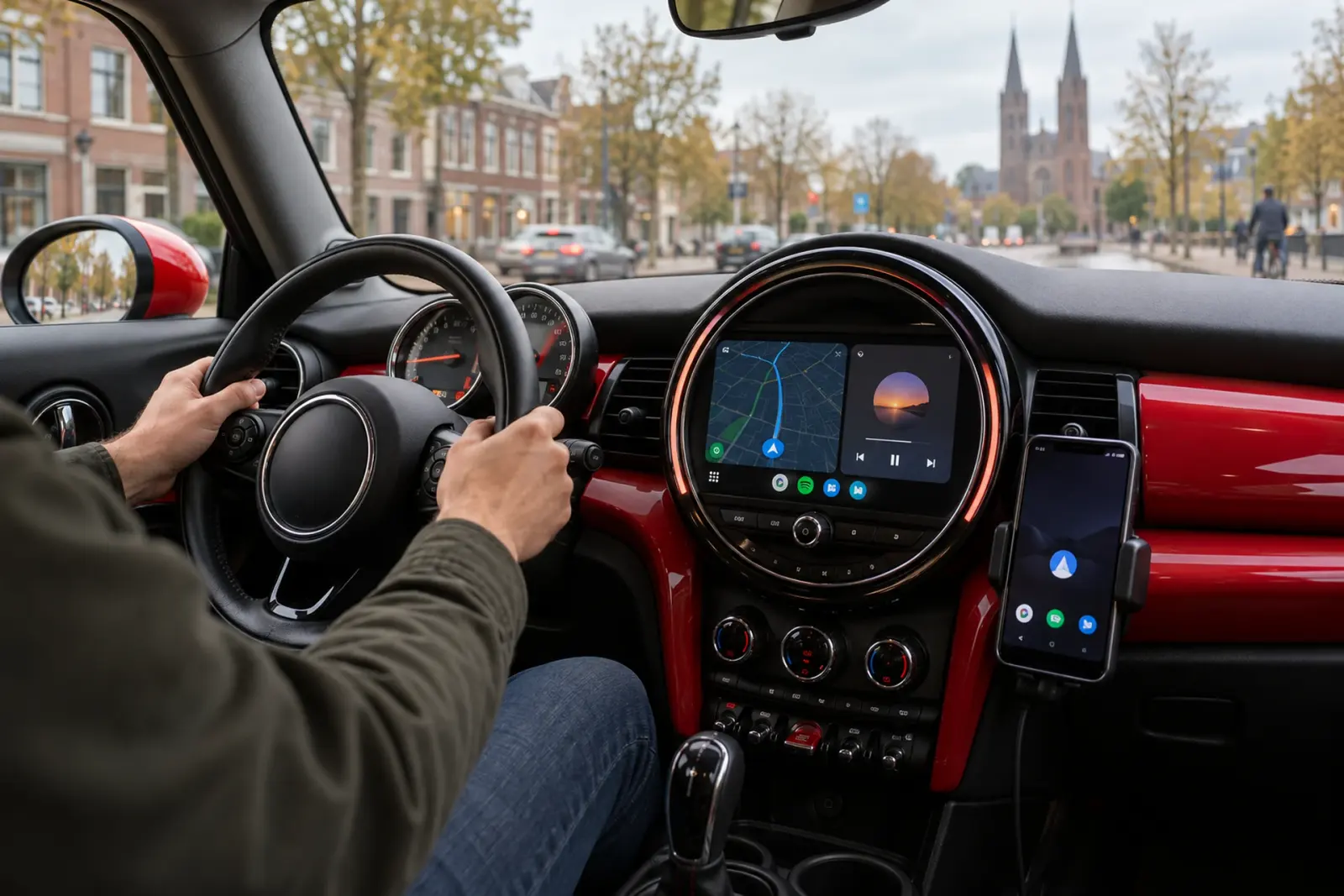 Android Auto bestellen in Tilburg: navigatie van Android Auto op het ronde scherm van een Mini in het centrum van Tilburg
