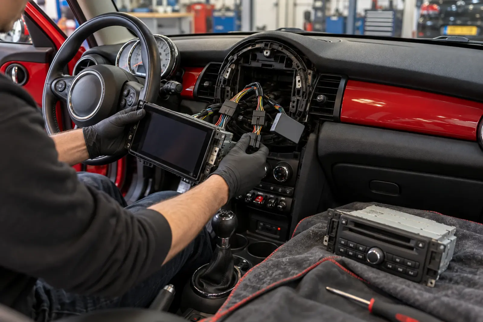 Android Auto radio inbouwen in Tilburg: monteur sluit een nieuwe autoradio met touchscreen aan in een Mini, de oude radio ligt ernaast