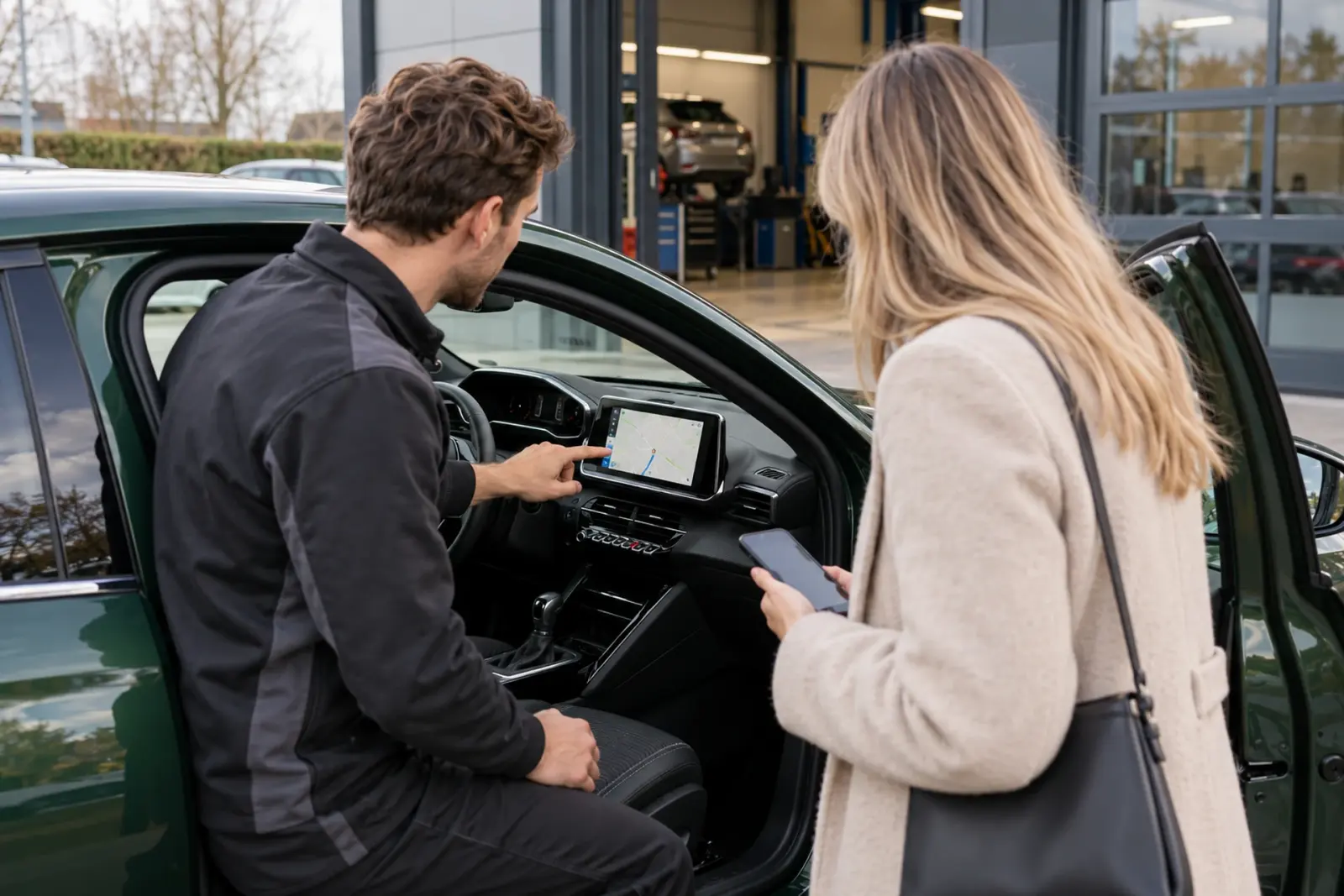 Monteur legt de bediening van het nieuwe CarPlay-scherm uit aan een klant uit Tilburg bij een donkergroene Peugeot