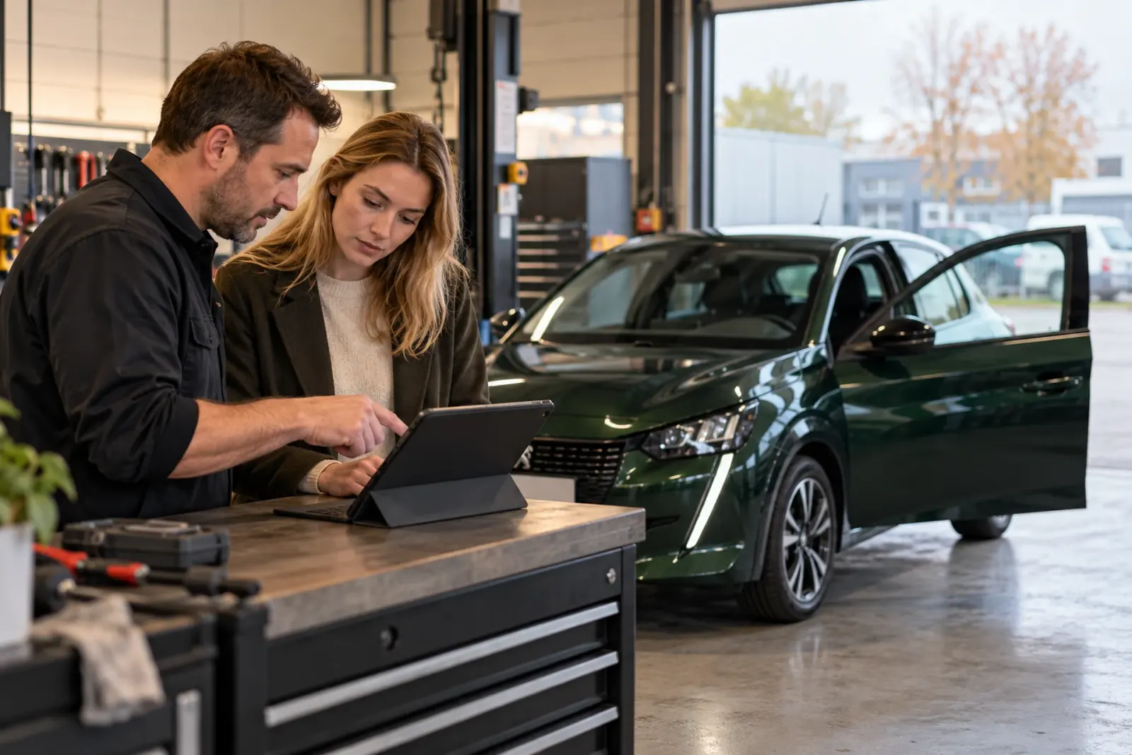 Monteur bespreekt de offerte voor CarPlay inbouwen op een tablet met een klant uit Tilburg in de werkplaats, met een Peugeot op de achtergrond