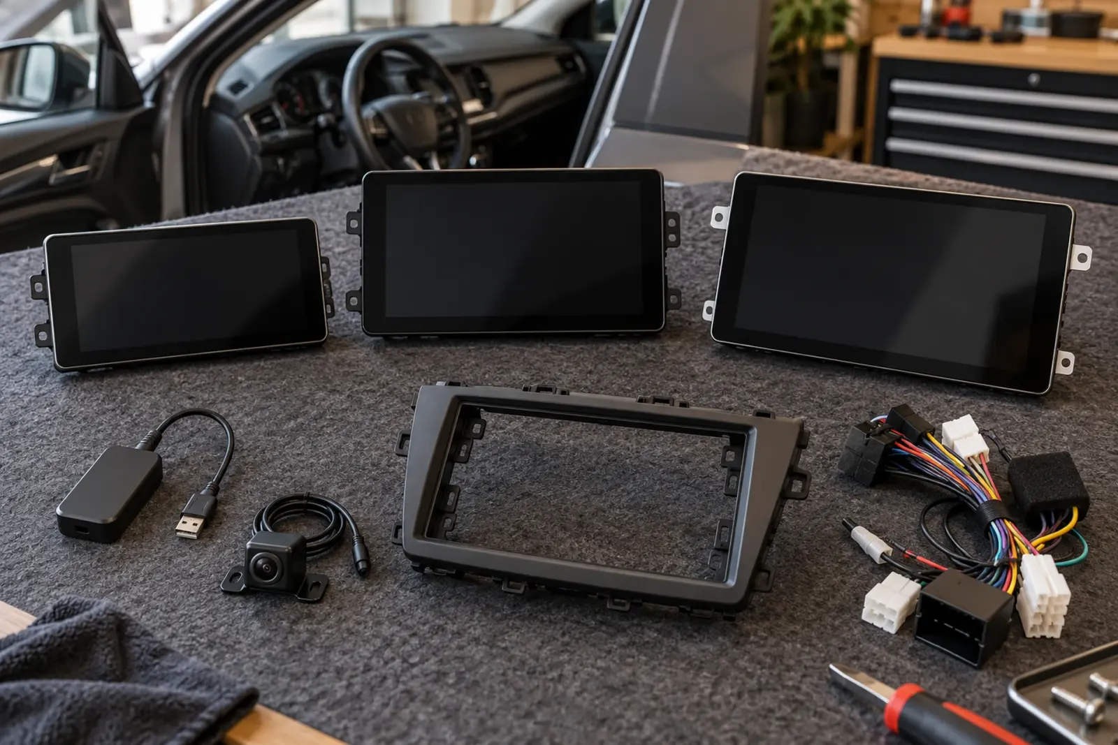 CarPlay prijzen in Tilburg: drie CarPlay-schermen, een draadloze adapter, een achteruitrijcamera, inbouwframe en kabelbomen op de werkbank
