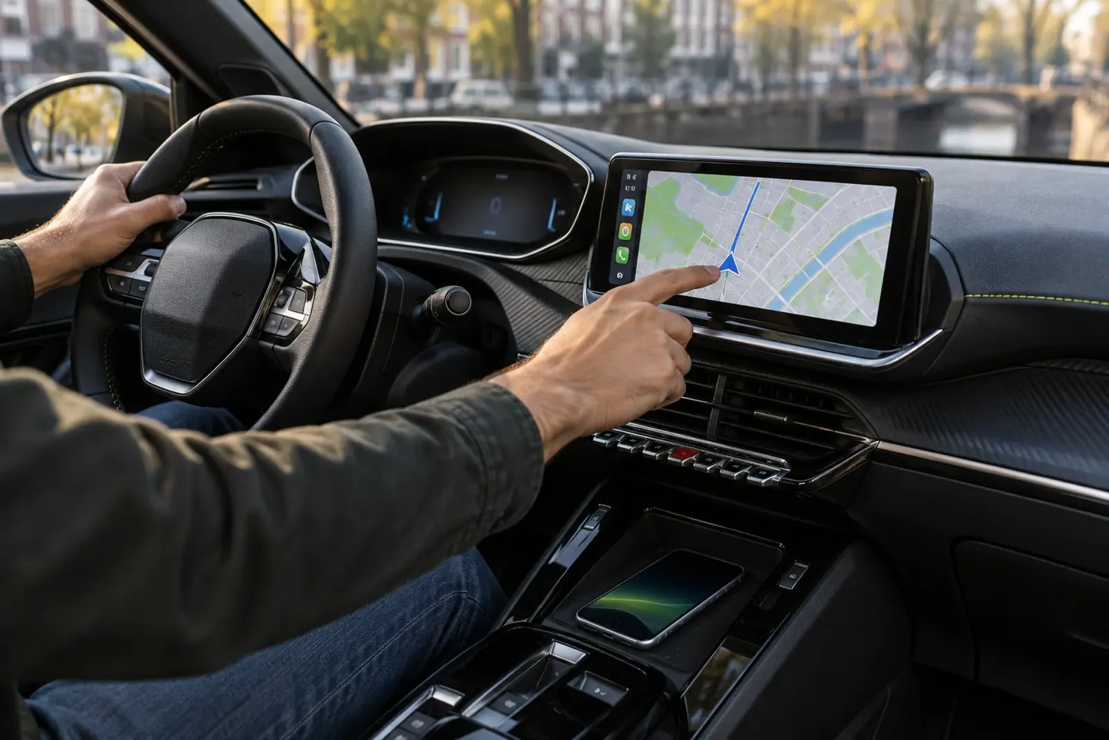Bestuurder uit Tilburg bedient de navigatie op een breed CarPlay-scherm in het dashboard van een Peugeot