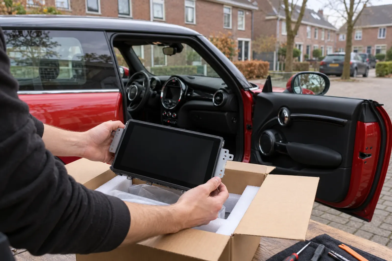CarPlay scherm bestellen in Tilburg: nieuw touchscreen wordt uitgepakt naast een rode Mini in een woonstraat in Tilburg