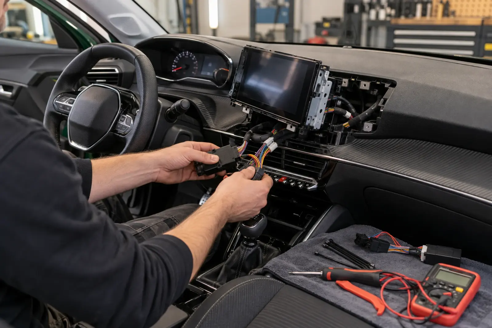 Monteur sluit de kabelboom en de interface aan achter het nieuwe CarPlay-scherm van een Peugeot voor een klant uit Tilburg