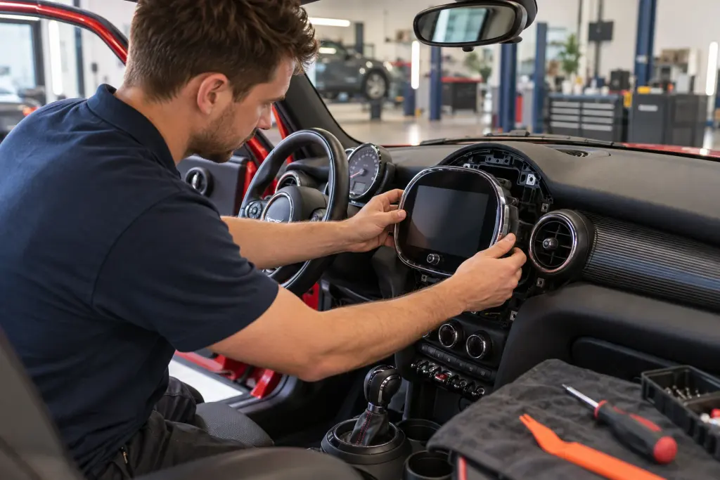 Monteur plaatst een CarPlay-scherm in het dashboard van een Mini in de werkplaats van de inbouwpartner in regio Tilburg